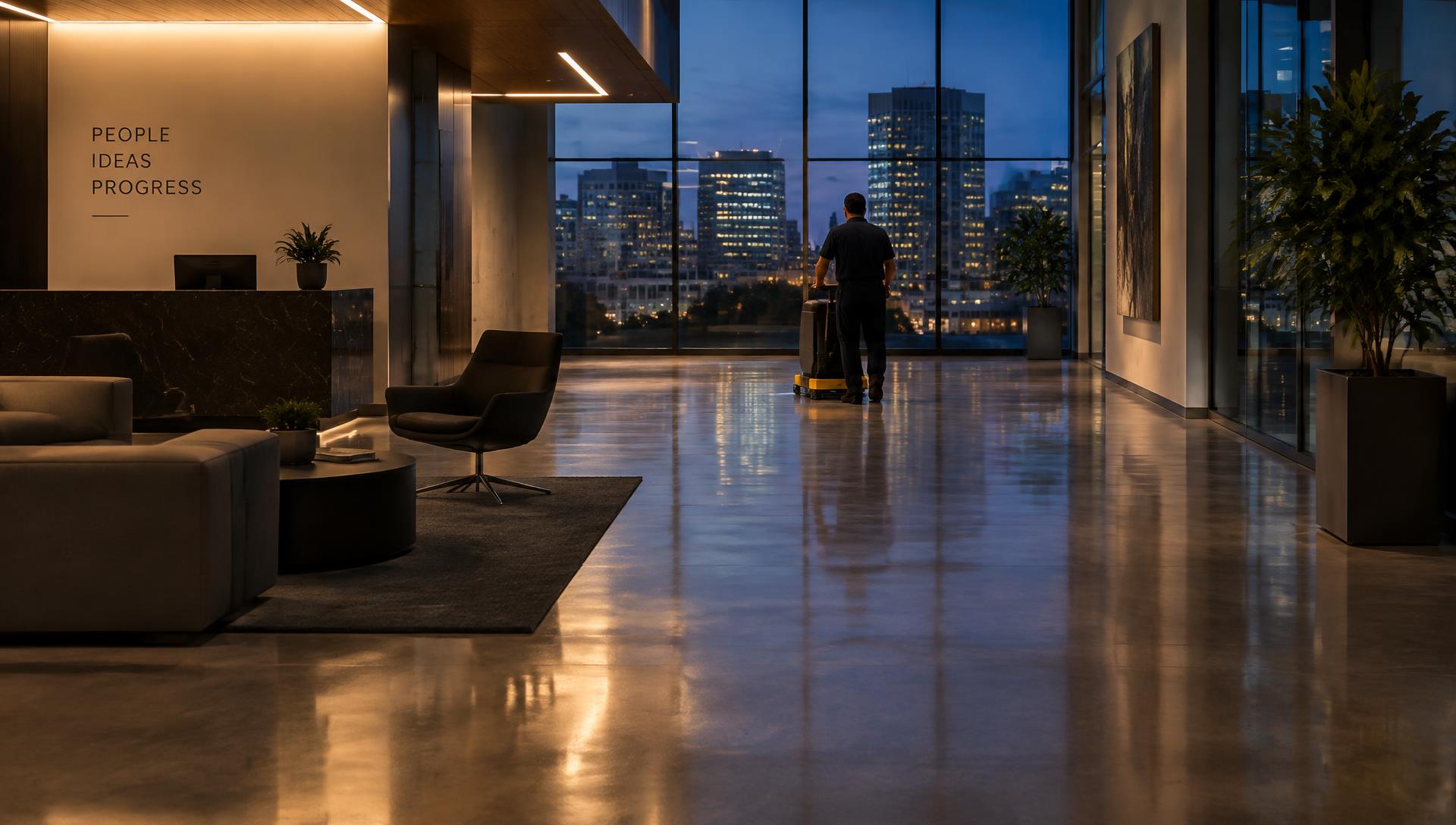 Commercial office lobby being cleaned after hours